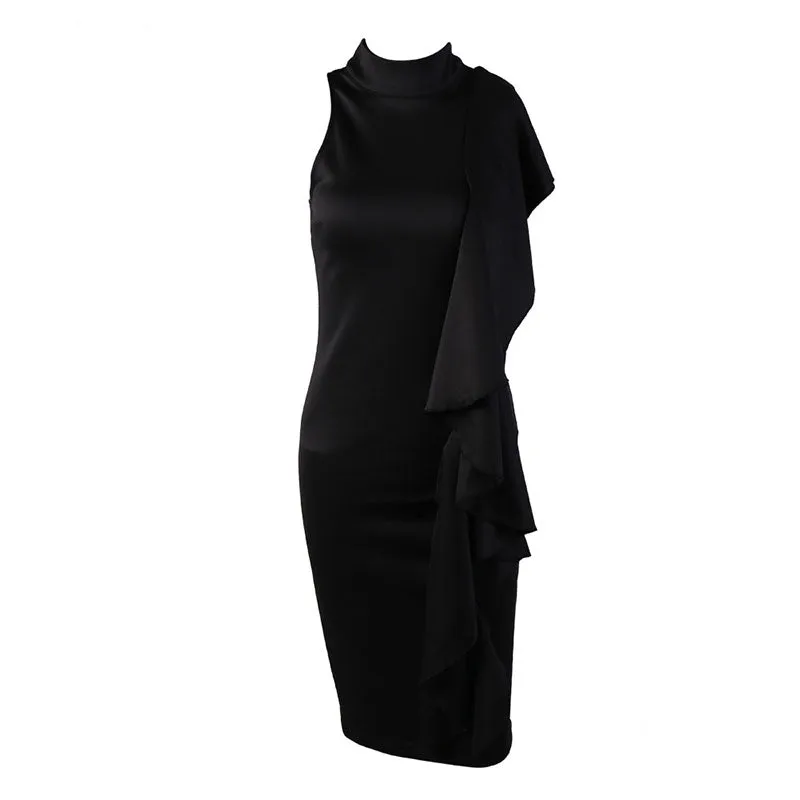 Plain Mock Neck Ruffle Bodycon Dress