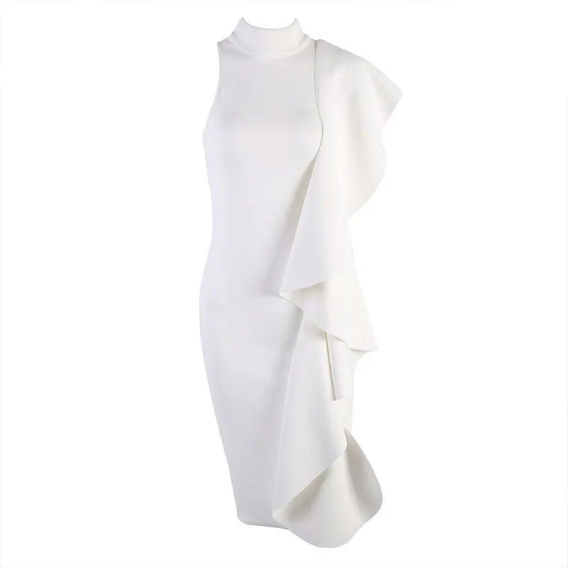 Plain Mock Neck Ruffle Bodycon Dress