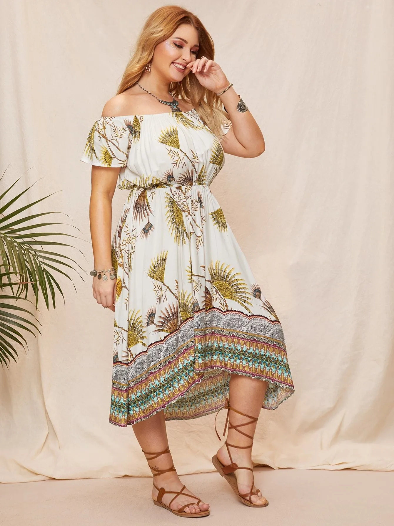Plus Off Shoulder Tribal Print Dress
