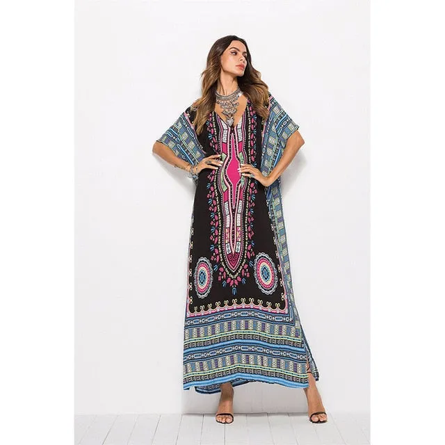 Plus Size Maternity Photo Shoot Beach Sundress Sexy V-Neck Boho Dress Traditional Ethnic Loose Dashiki Vintage Kaftan Dressess