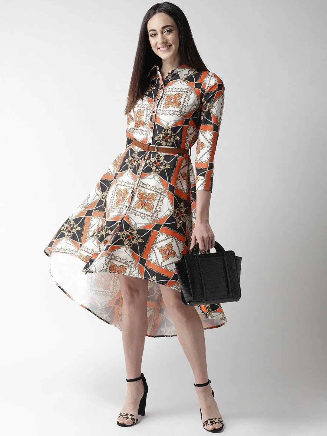 plusS Off White  Orange Bohemian Shirt Midi Dress