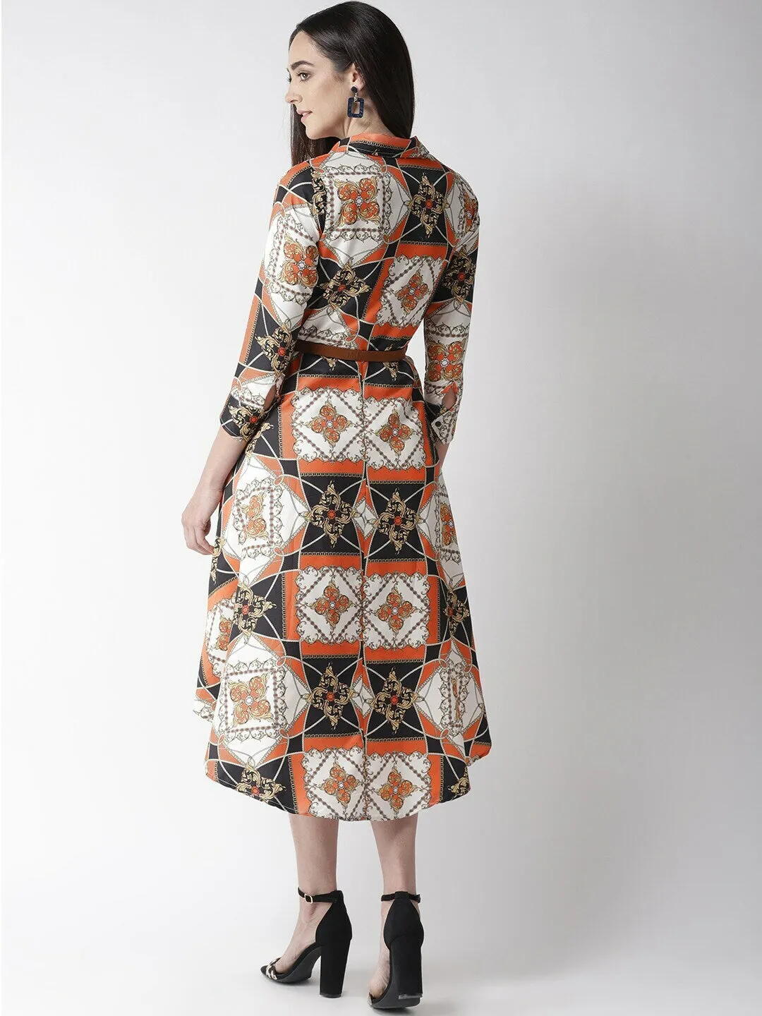 plusS Off White  Orange Bohemian Shirt Midi Dress