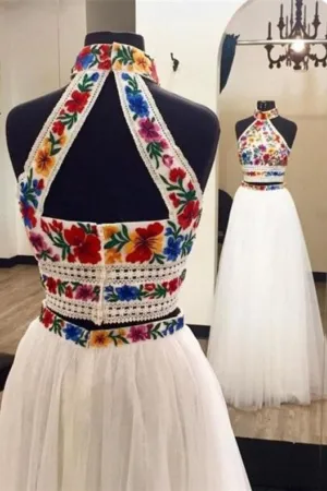 Pretty 2 Pieces Tulle Elegant Prom Dresses Evening Dresses Appliques