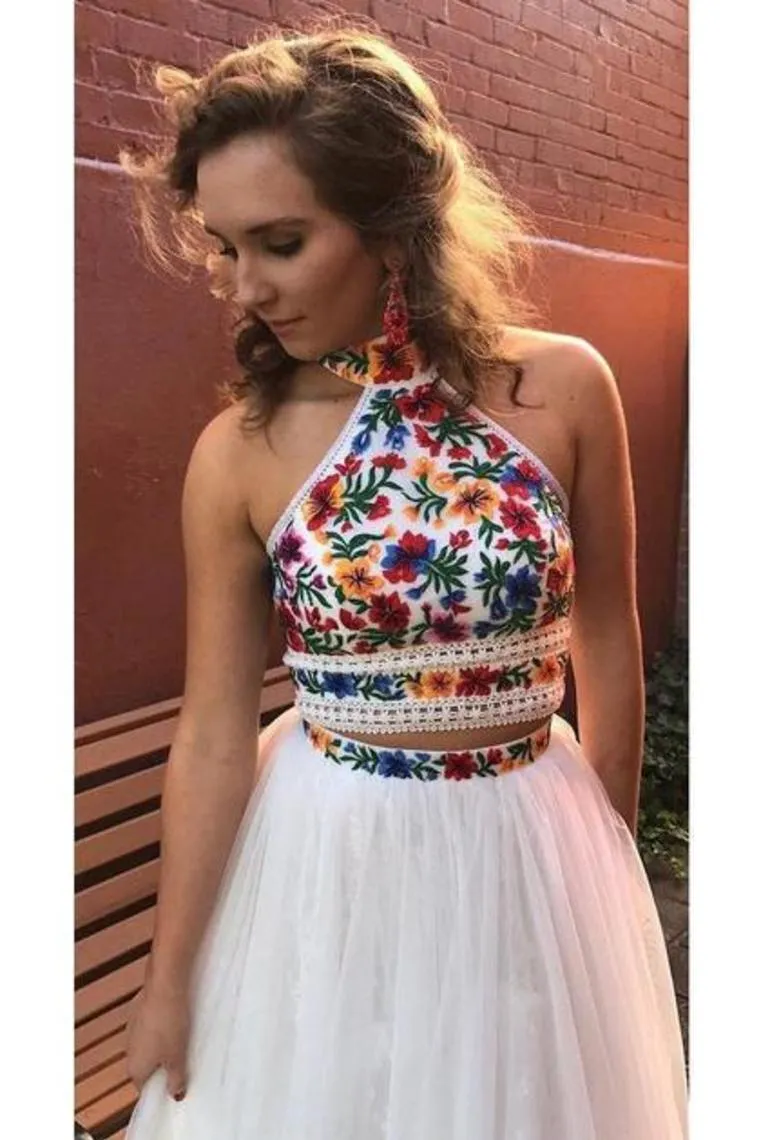 Pretty 2 Pieces Tulle Elegant Prom Dresses Evening Dresses Appliques