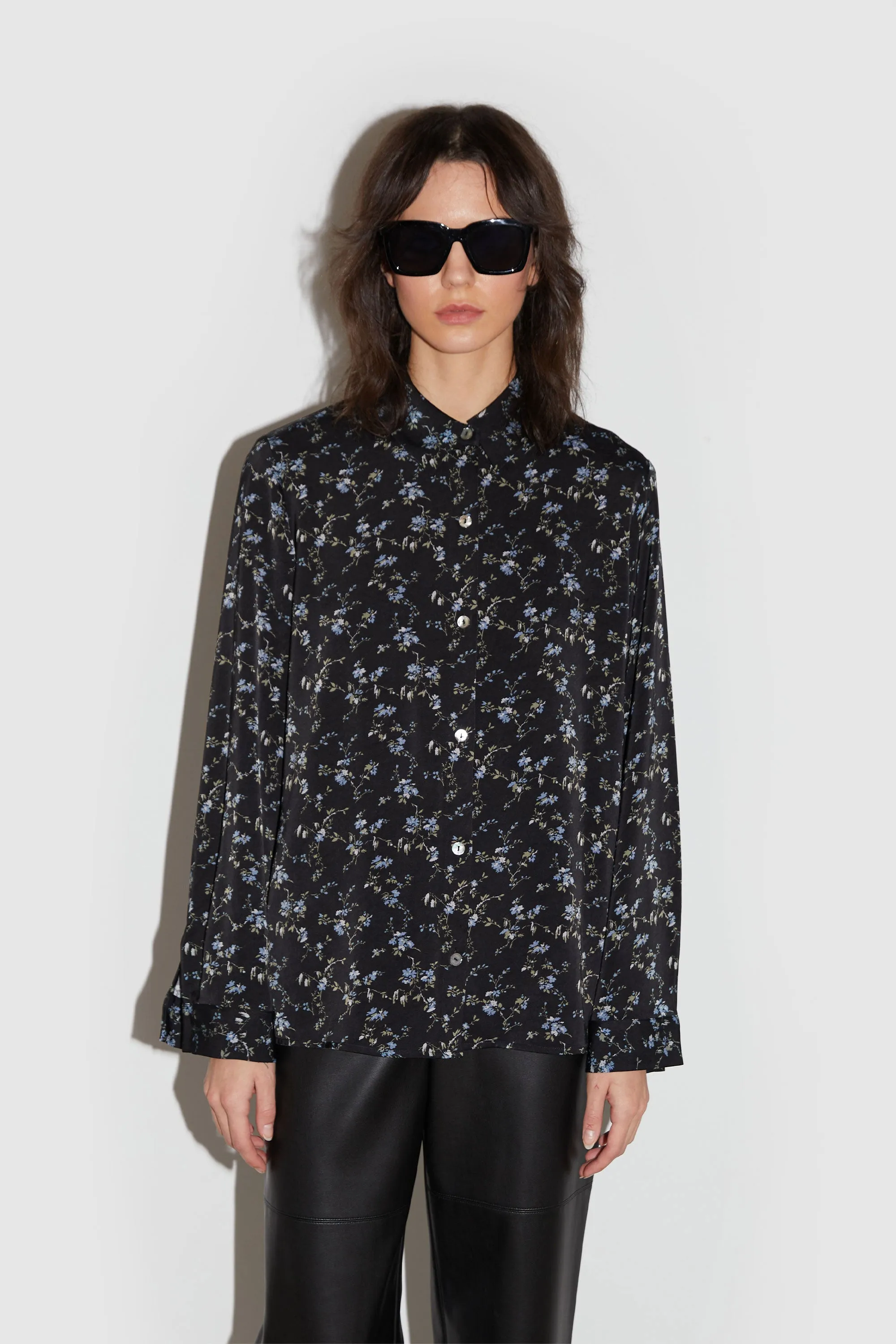 PRINTED SATIN BUTTON-UP BLOUSE