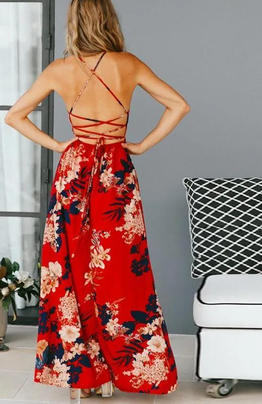 Red Floral Spaghetti Strap Maxi Dresses