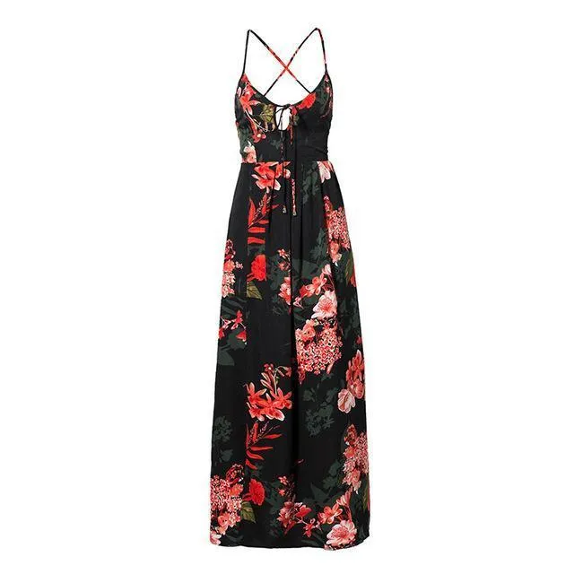 Red Floral Spaghetti Strap Maxi Dresses