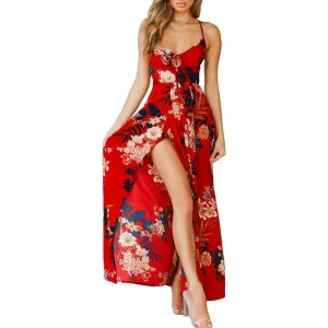 Red Floral Spaghetti Strap Maxi Dresses