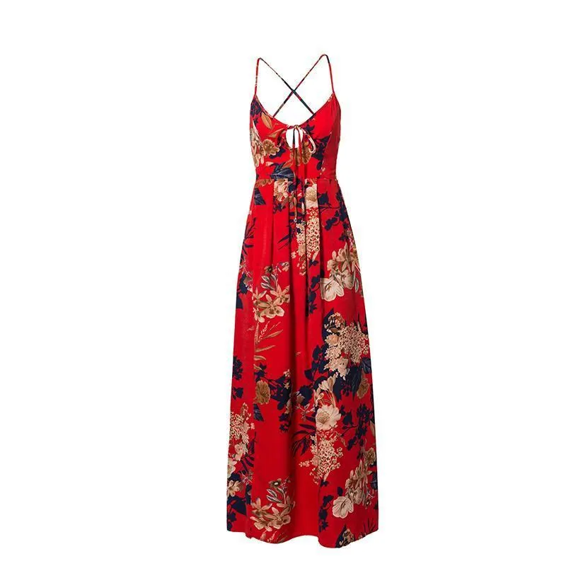 Red Floral Spaghetti Strap Maxi Dresses