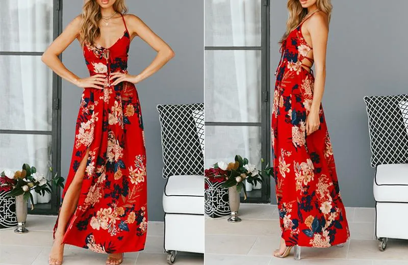 Red Floral Spaghetti Strap Maxi Dresses