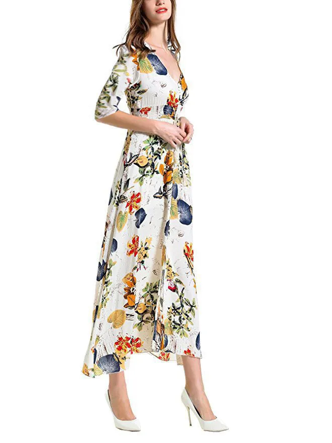 Retro Ethnic Style V-Neck Mid Sleeve Swing Maxi Dresses Casual Wholesale Bohemian Dress For Women