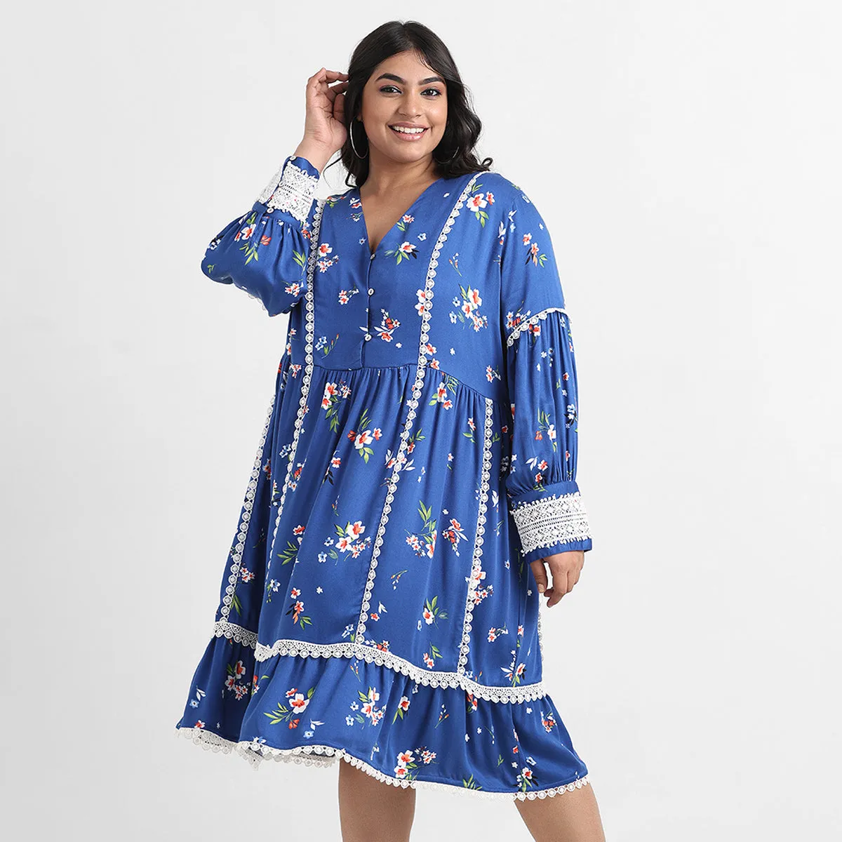 Royal blue printed lace inserts plus size rayon short dress