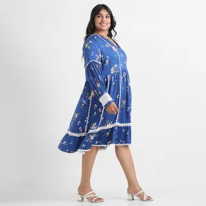 Royal blue printed lace inserts plus size rayon short dress