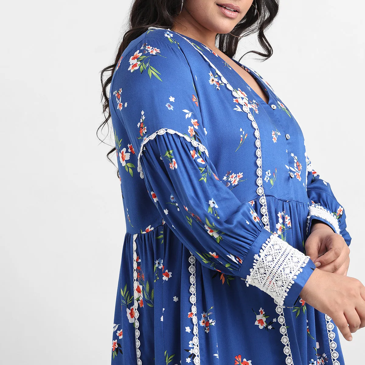 Royal blue printed lace inserts plus size rayon short dress