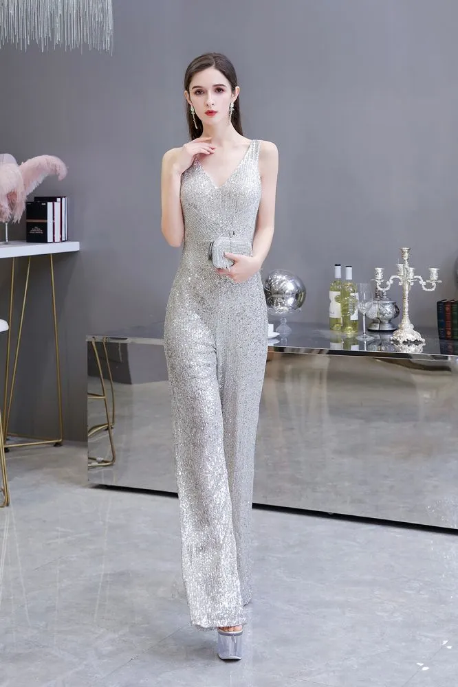 Sexy Shining V-neck Silver Sequin Sleeveless Prom Jumpsuit