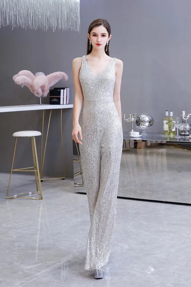 Sexy Shining V-neck Silver Sequin Sleeveless Prom Jumpsuit