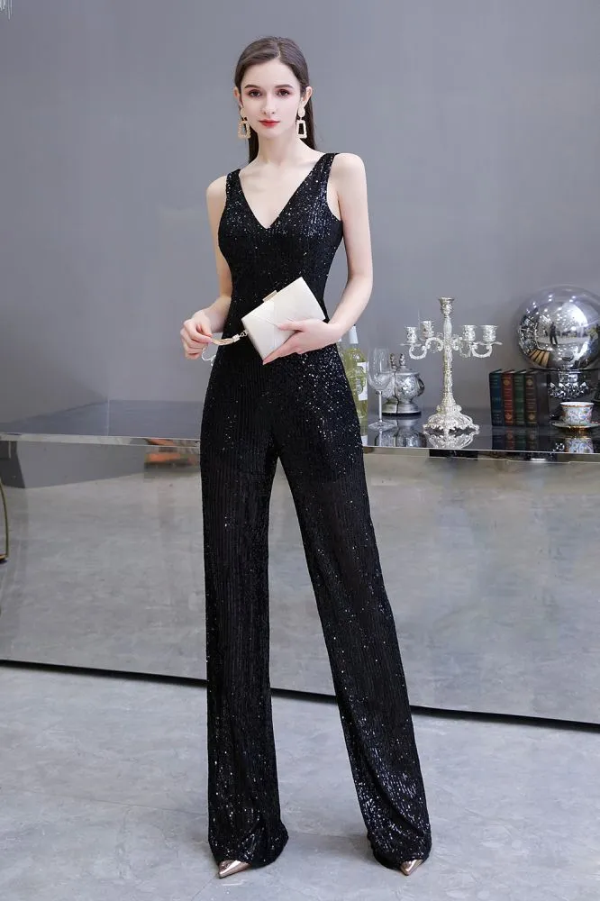 Sexy Shining V-neck Silver Sequin Sleeveless Prom Jumpsuit