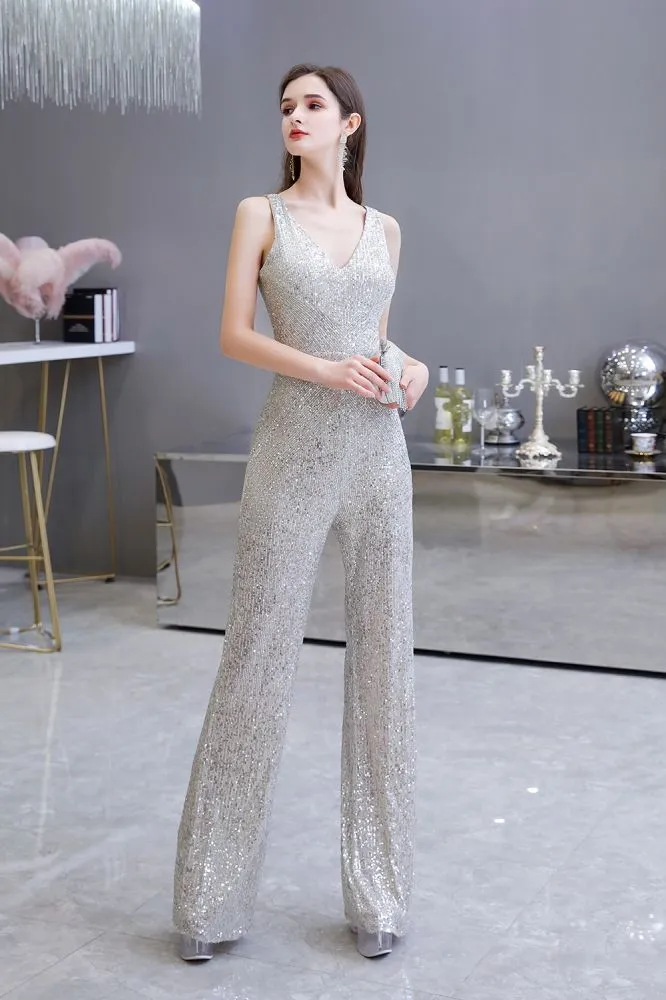 Sexy Shining V-neck Silver Sequin Sleeveless Prom Jumpsuit