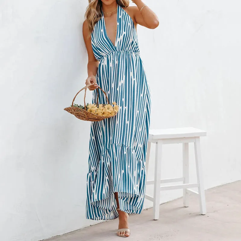 Striped Print Halter Neck Strapless Backless Asymmetric Swing Dress Wholesale Dresses