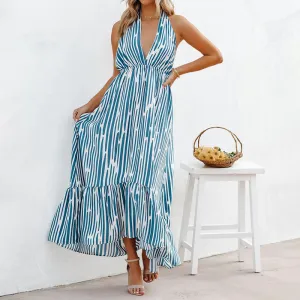 Striped Print Halter Neck Strapless Backless Asymmetric Swing Dress Wholesale Dresses