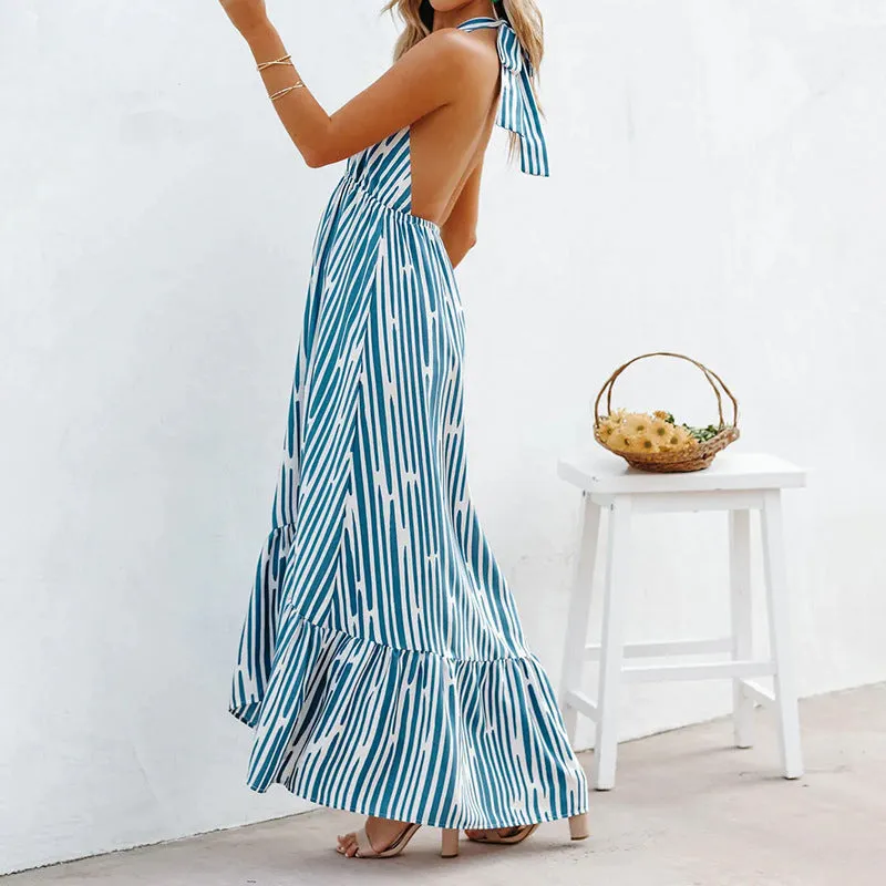 Striped Print Halter Neck Strapless Backless Asymmetric Swing Dress Wholesale Dresses