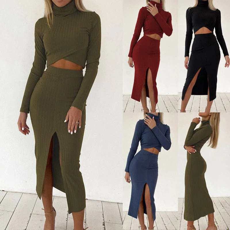 Sweetkama Ladies High Collar Top High Waist Skirt Set