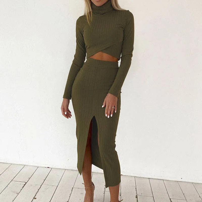Sweetkama Ladies High Collar Top High Waist Skirt Set