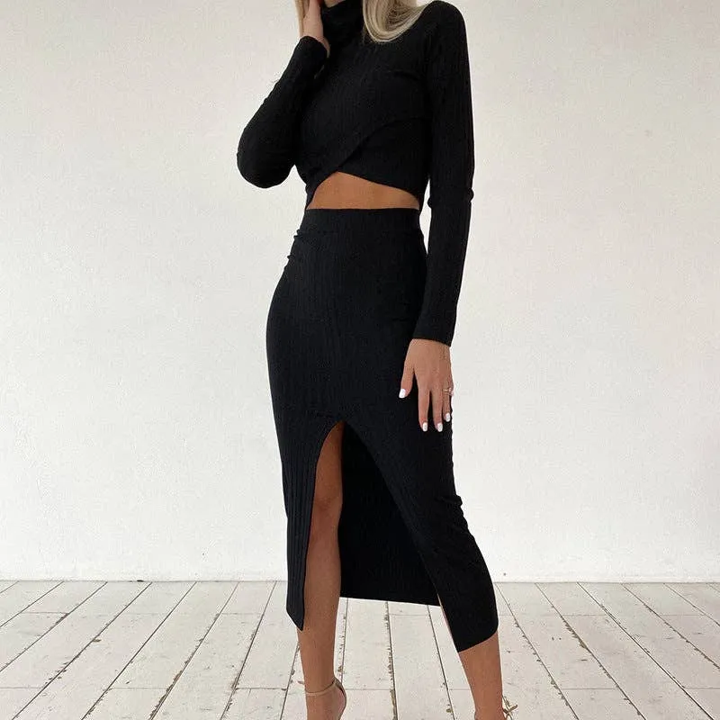 Sweetkama Ladies High Collar Top High Waist Skirt Set