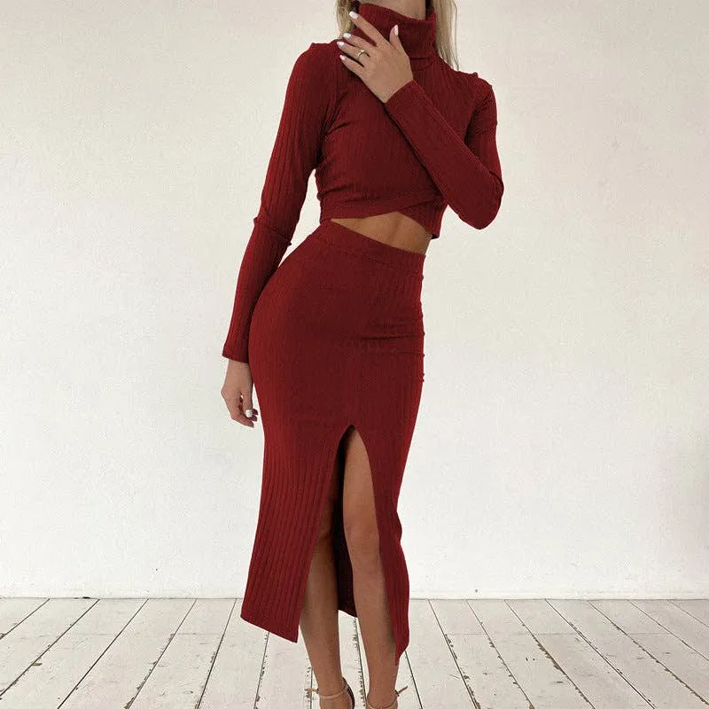 Sweetkama Ladies High Collar Top High Waist Skirt Set
