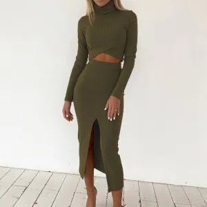 Sweetkama Ladies High Collar Top High Waist Skirt Set
