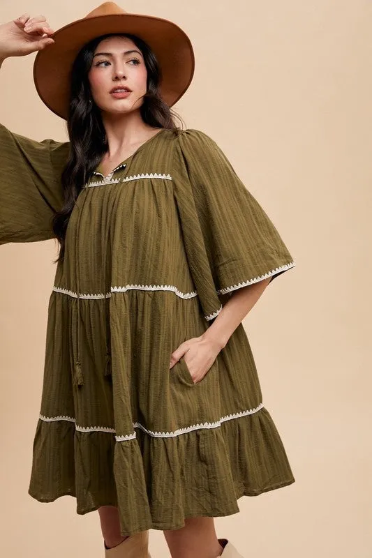 Tassel Contrast Trim Tiered Dress
