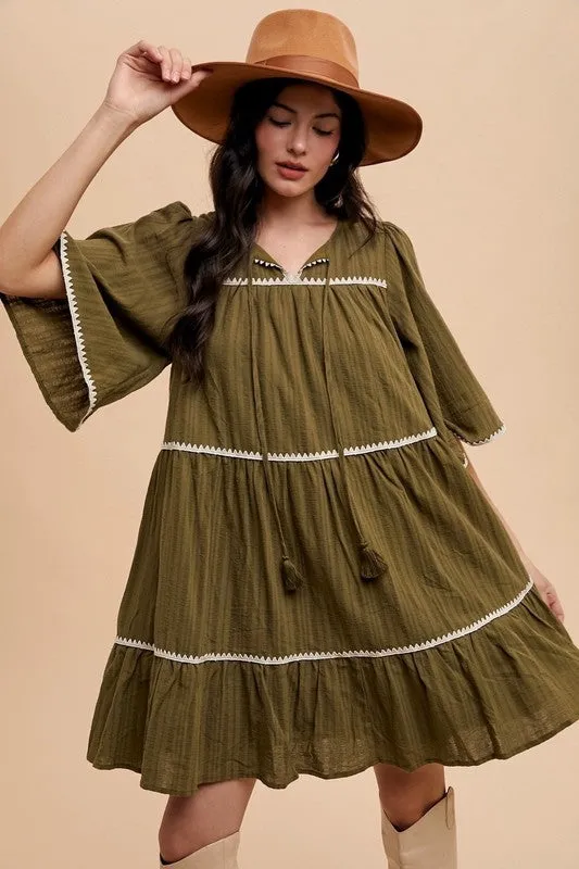 Tassel Contrast Trim Tiered Dress