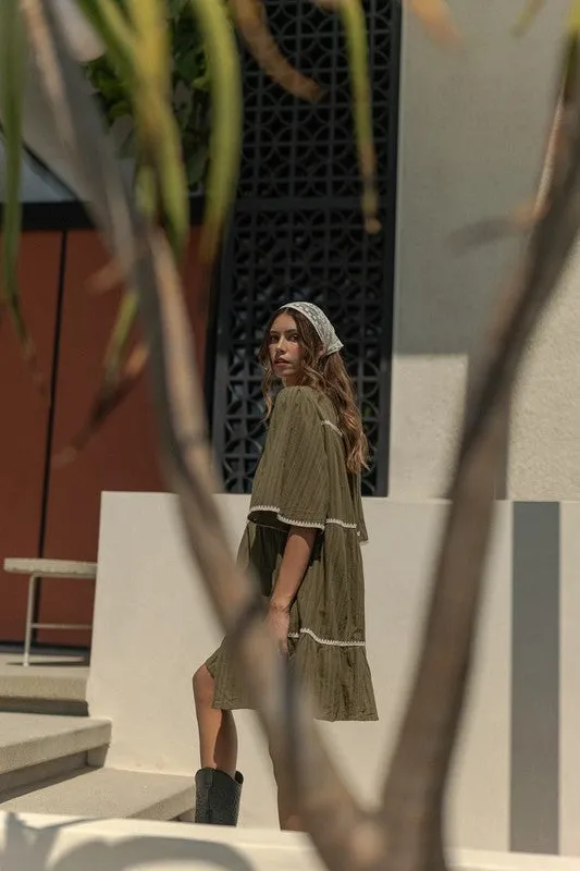 Tassel Contrast Trim Tiered Dress