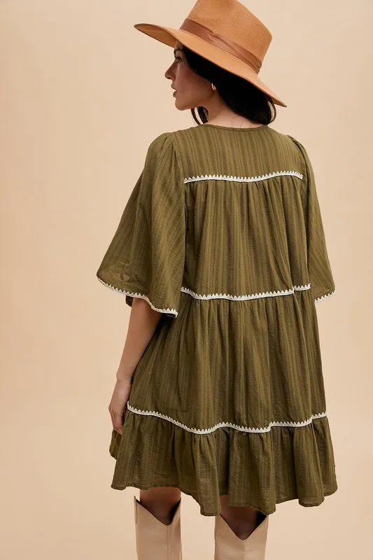 Tassel Contrast Trim Tiered Dress