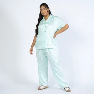 Turquoise Polka Print Plus Size Viscose PJ Set