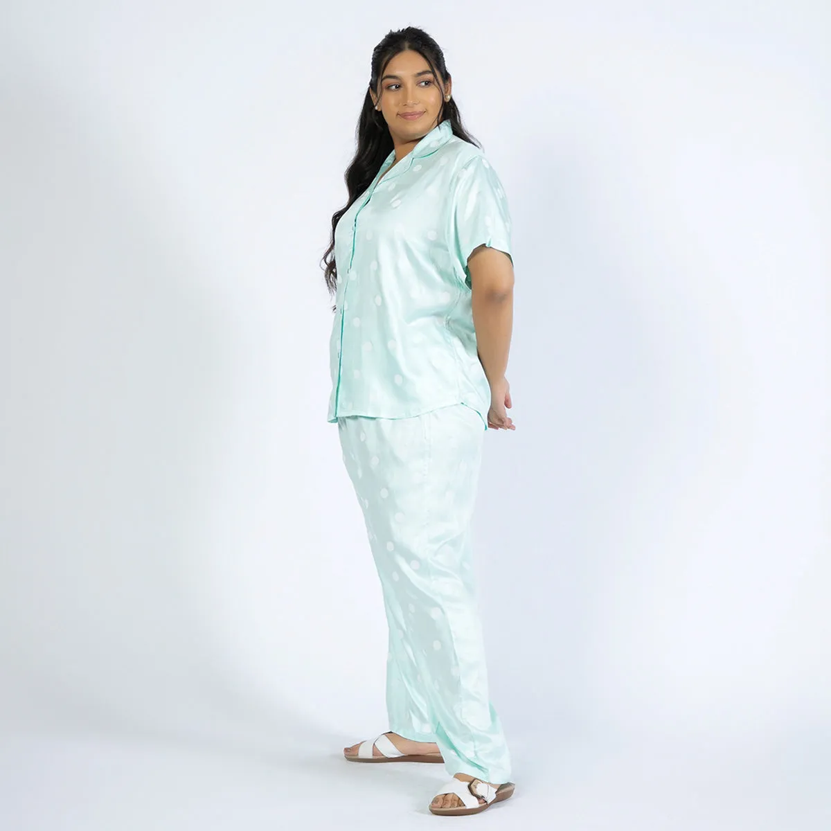 Turquoise Polka Print Plus Size Viscose PJ Set