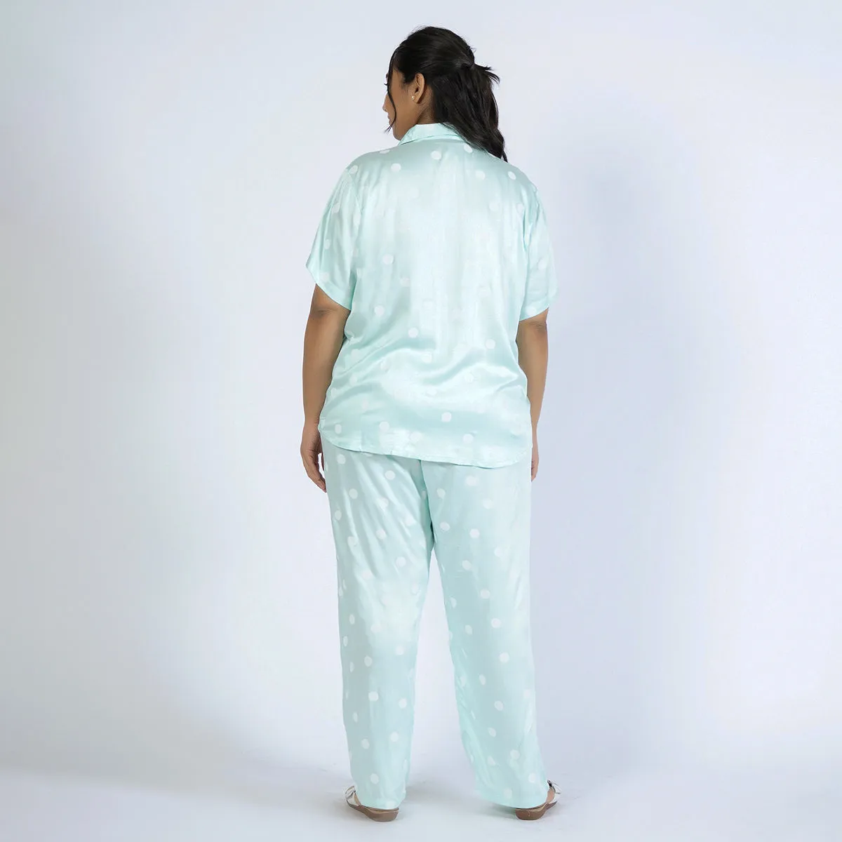 Turquoise Polka Print Plus Size Viscose PJ Set