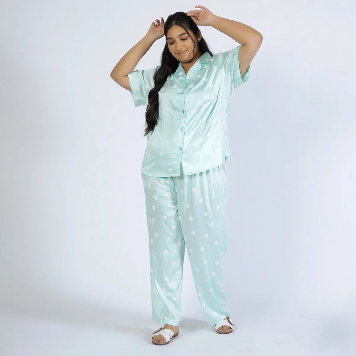 Turquoise Polka Print Plus Size Viscose PJ Set