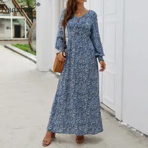 Vintage Floral Maxi Dress Summer A-Line High Waist Lantern Sleeve Spring Long Elegant Retro Boho Dress