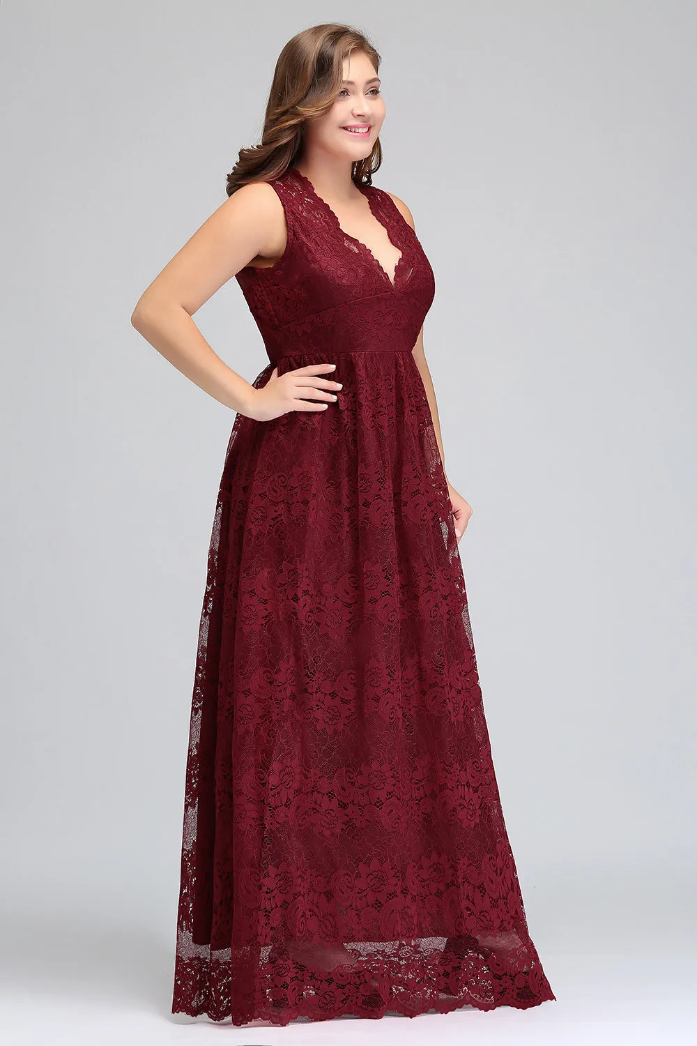 Vintage Long A-line Deep V-neck Lace Bridesmaid Dress