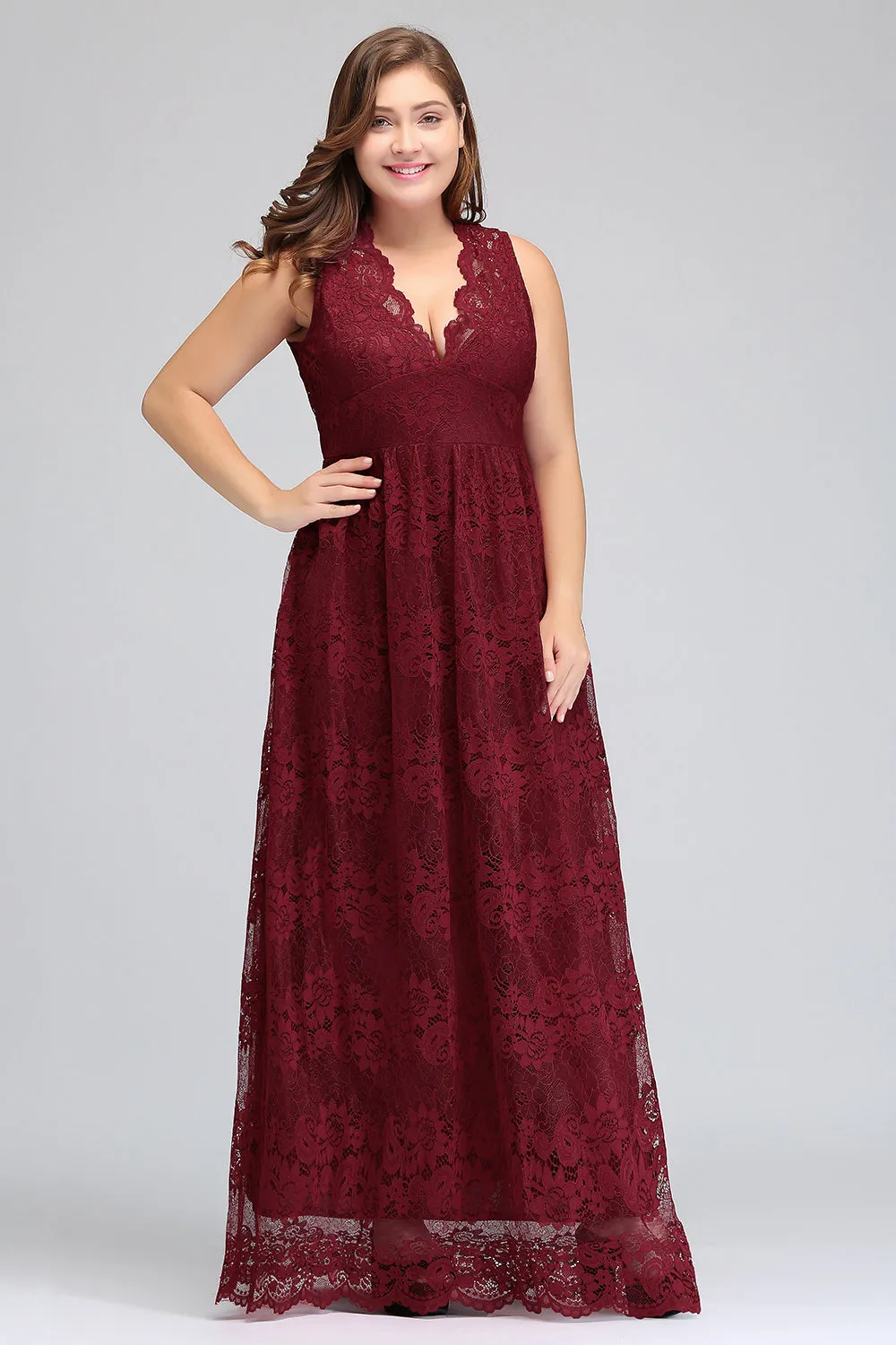 Vintage Long A-line Deep V-neck Lace Bridesmaid Dress