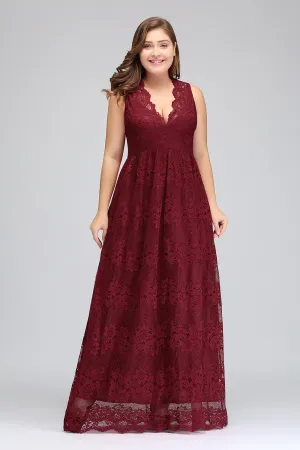 Vintage Long A-line Deep V-neck Lace Bridesmaid Dress