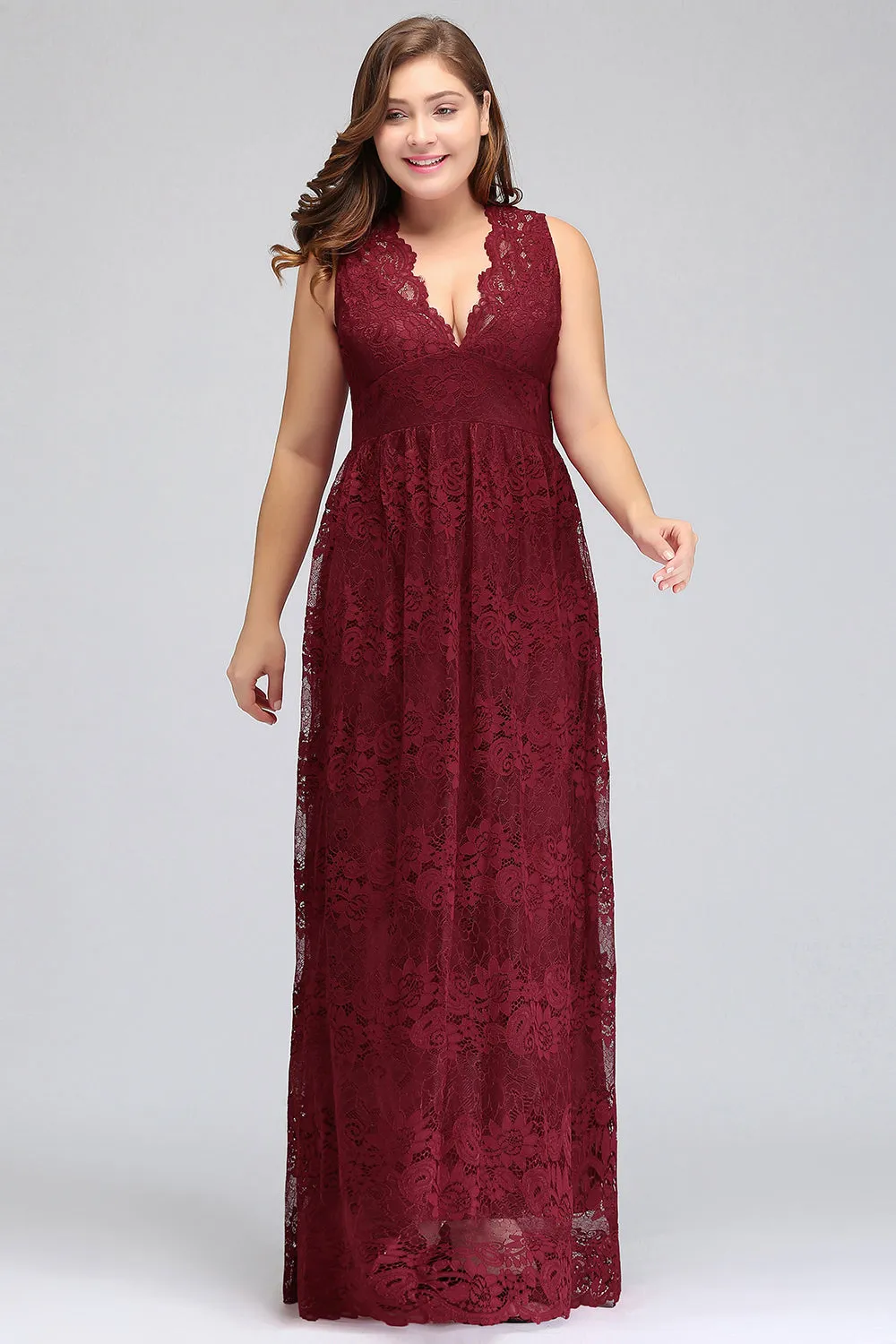 Vintage Long A-line Deep V-neck Lace Bridesmaid Dress