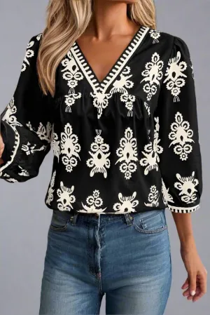 Vintage Print V-Neck Top Black