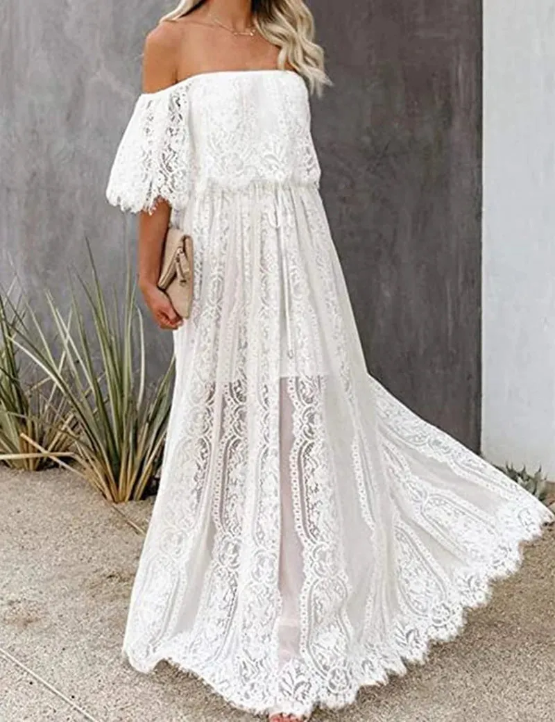 White Lace Maternity Maxi Dress for Baby Shower or Photo Shoot