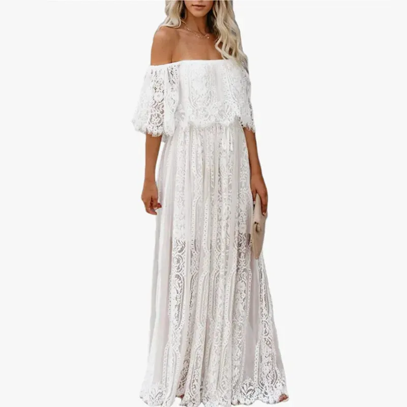 White Lace Maternity Maxi Dress for Baby Shower or Photo Shoot