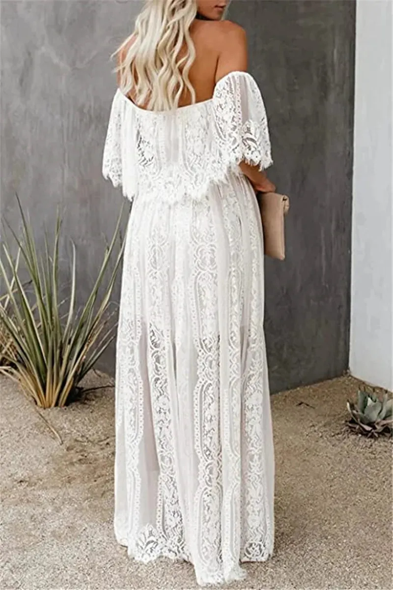 White Lace Maternity Maxi Dress for Baby Shower or Photo Shoot