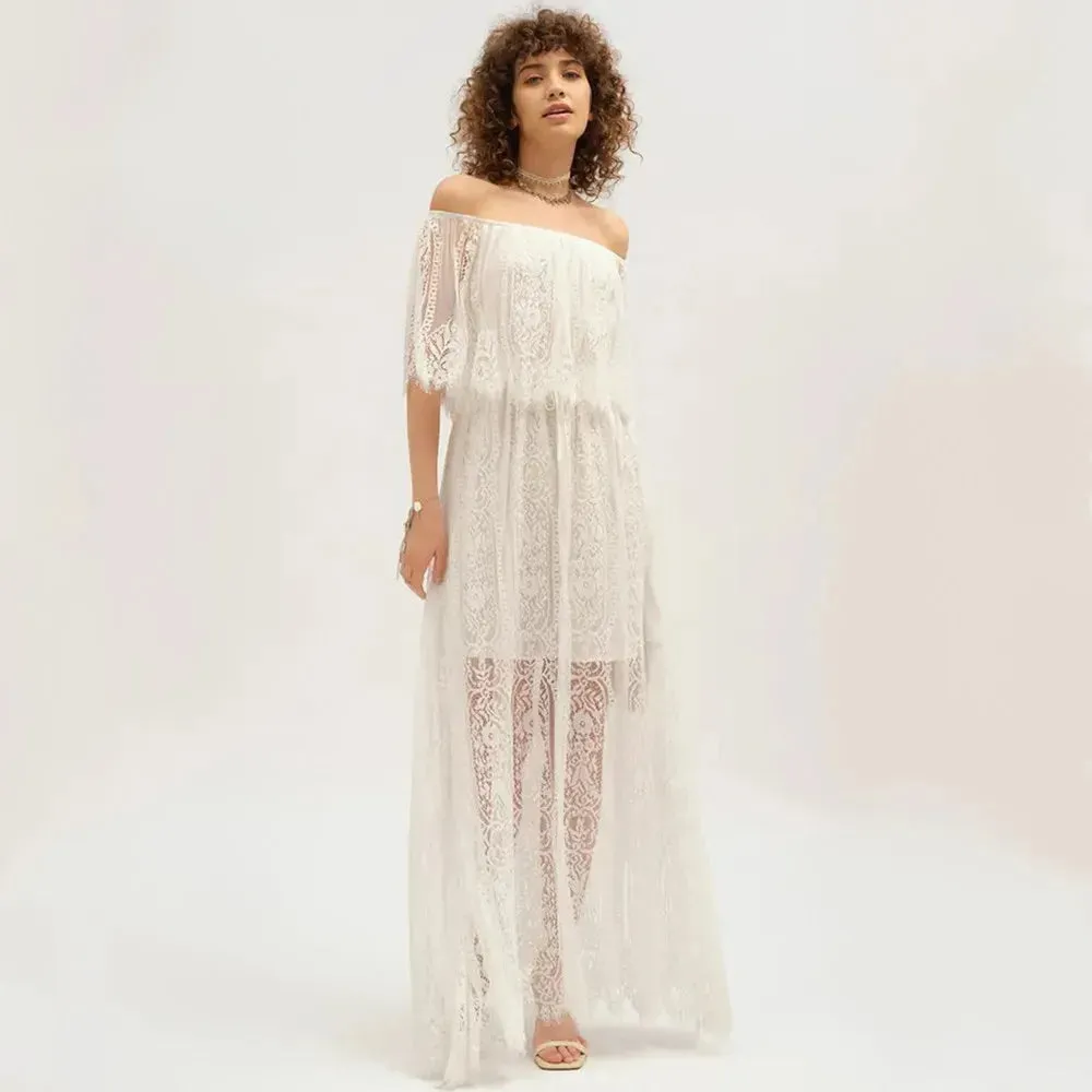 White Lace Maternity Maxi Dress for Baby Shower or Photo Shoot