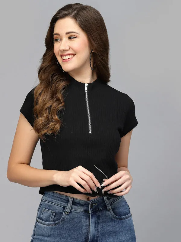 Women Black Odour Free Zipper Neck Top