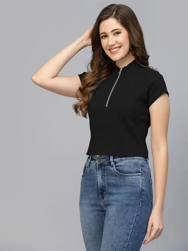 Women Black Odour Free Zipper Neck Top